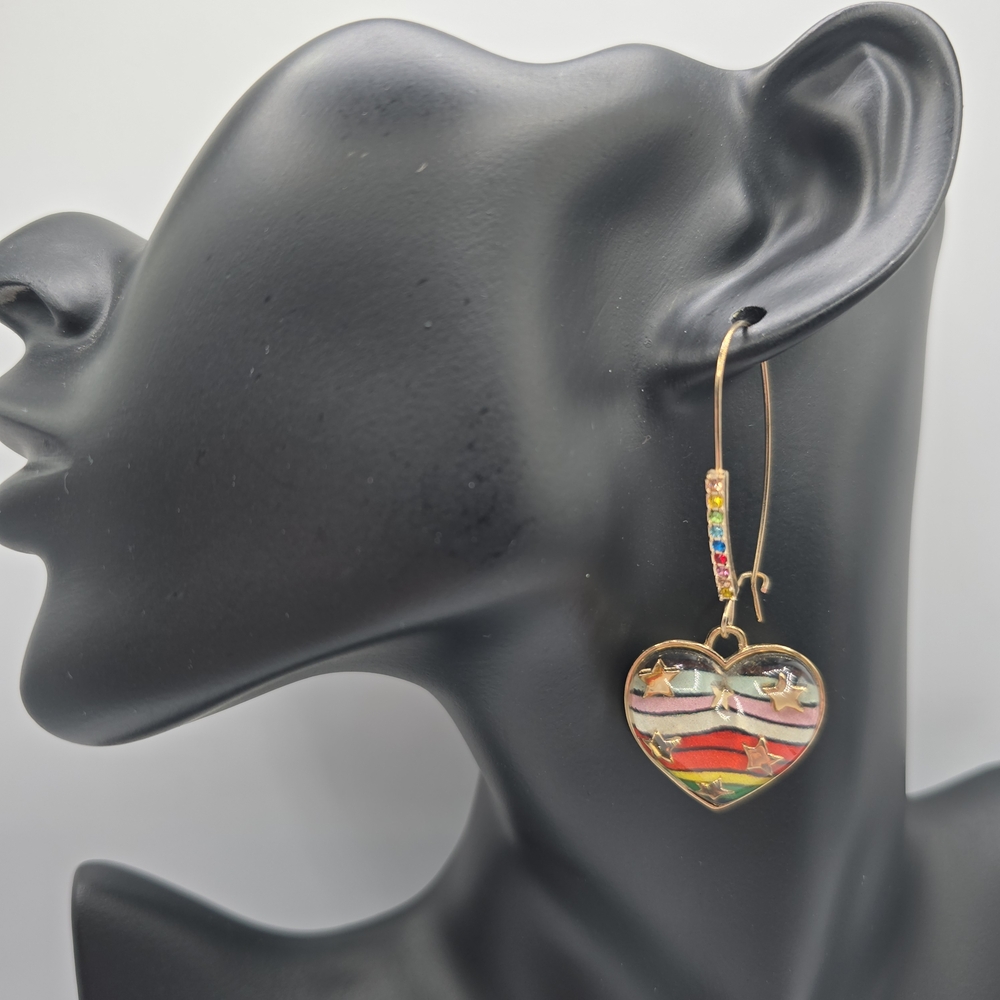 Betsey Johnson "One Love" Rainbow Heart Dangle Earrings Gold Stars Rhinestones